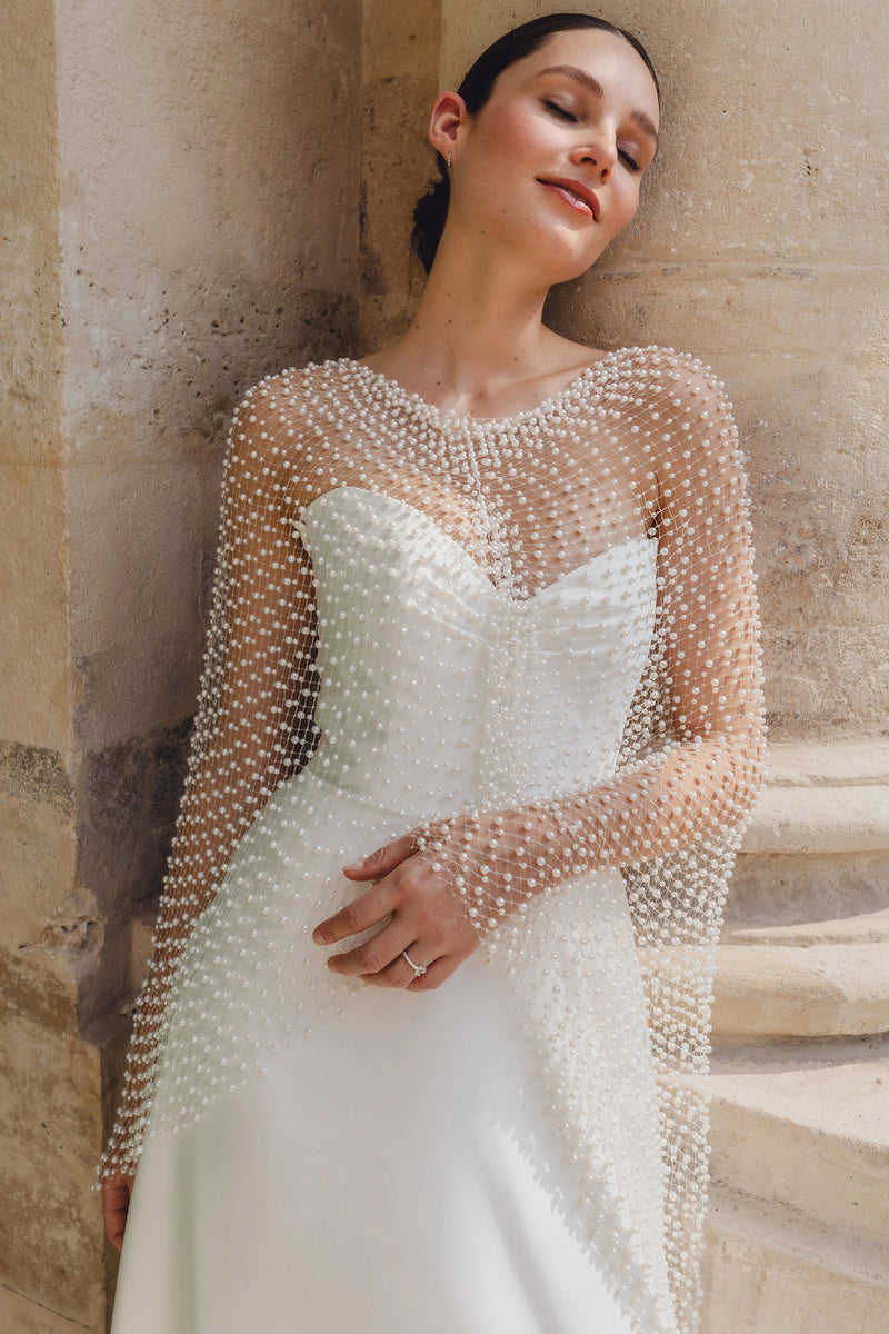 Pearl Cape : A romantic bridal cape made from delicate pearl netting.   Aesling