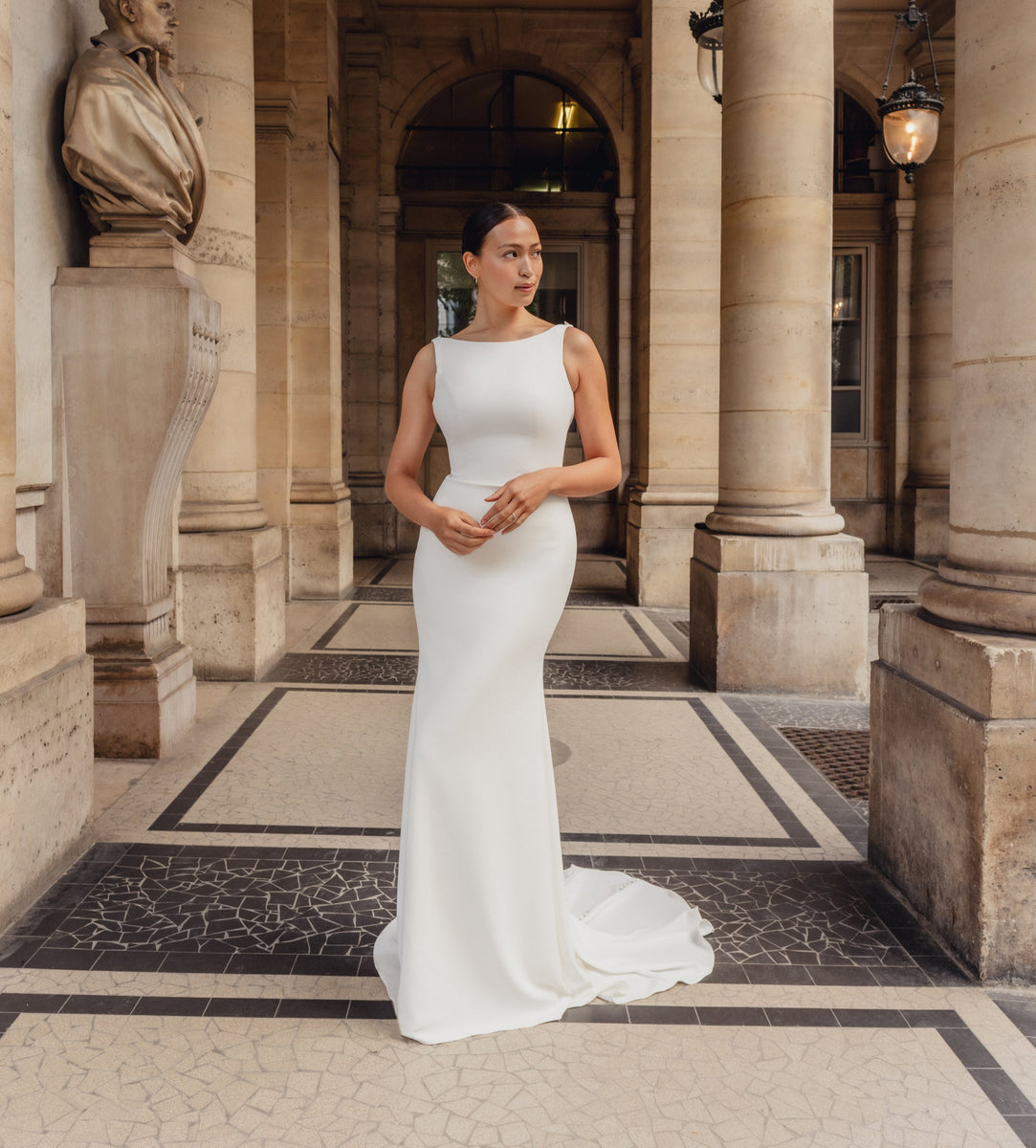 boat neckline wedding dress Adele : An elegant wedding dress with a boat neck & detachable back cowl
