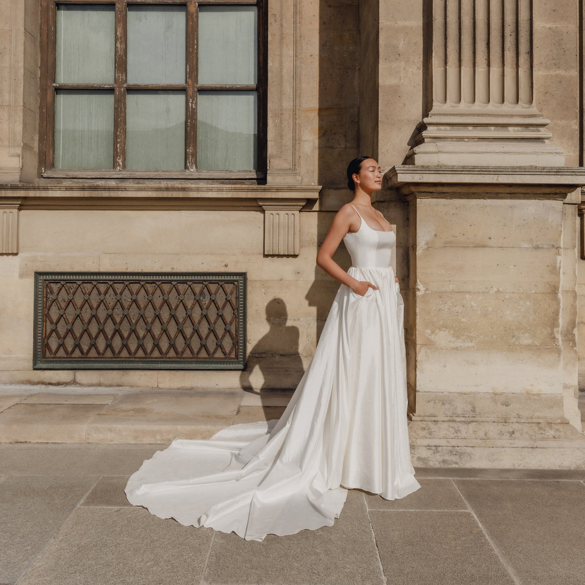 Amelie : A modern wedding dress with a square neckline and gathered a-line skirt Amelie : A modern wedding dress with a square neckline and gathered a-line skirt