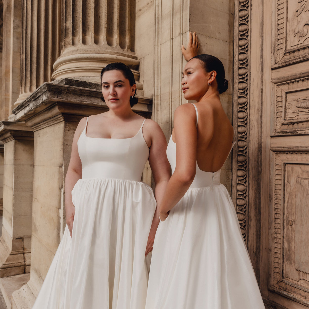 Amelie A modern taffeta wedding dress with a square neckline and