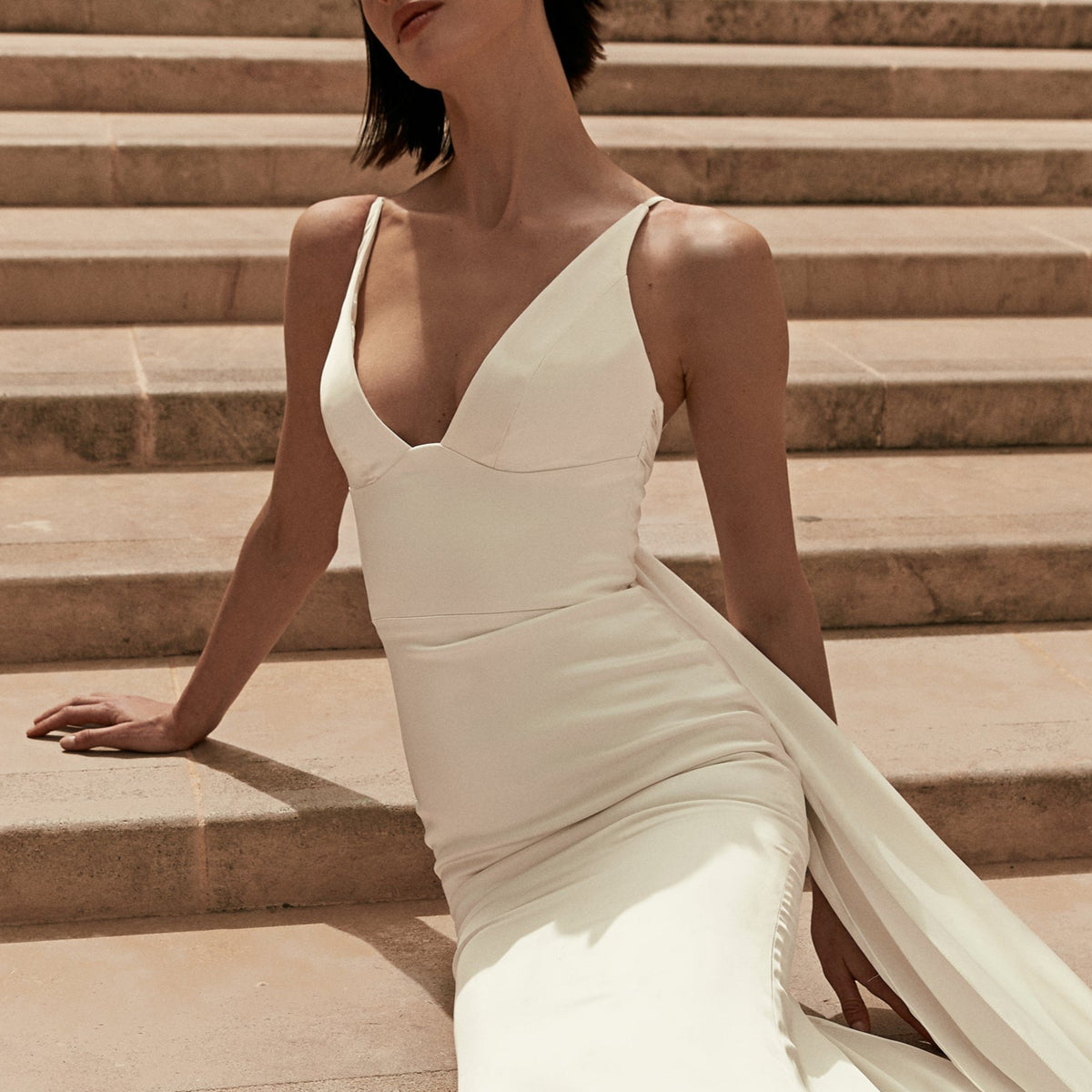 Louise : An elegant wedding gown with a plunging neckline, wide waistb –  Aesling
