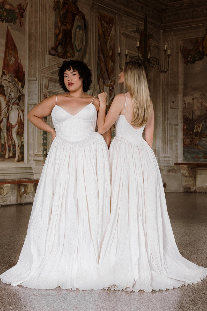 Rhea : A unique pleated wedding dress with an exaggerated basque waist – Aesling Rhea : A unique pleated wedding dress with an exaggerated basque waist – Aesling
