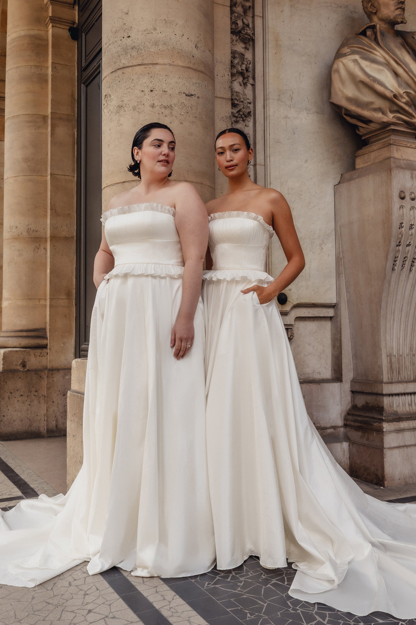 Kahlo : A taffeta wedding gown with frill detailing along the neckline + waist