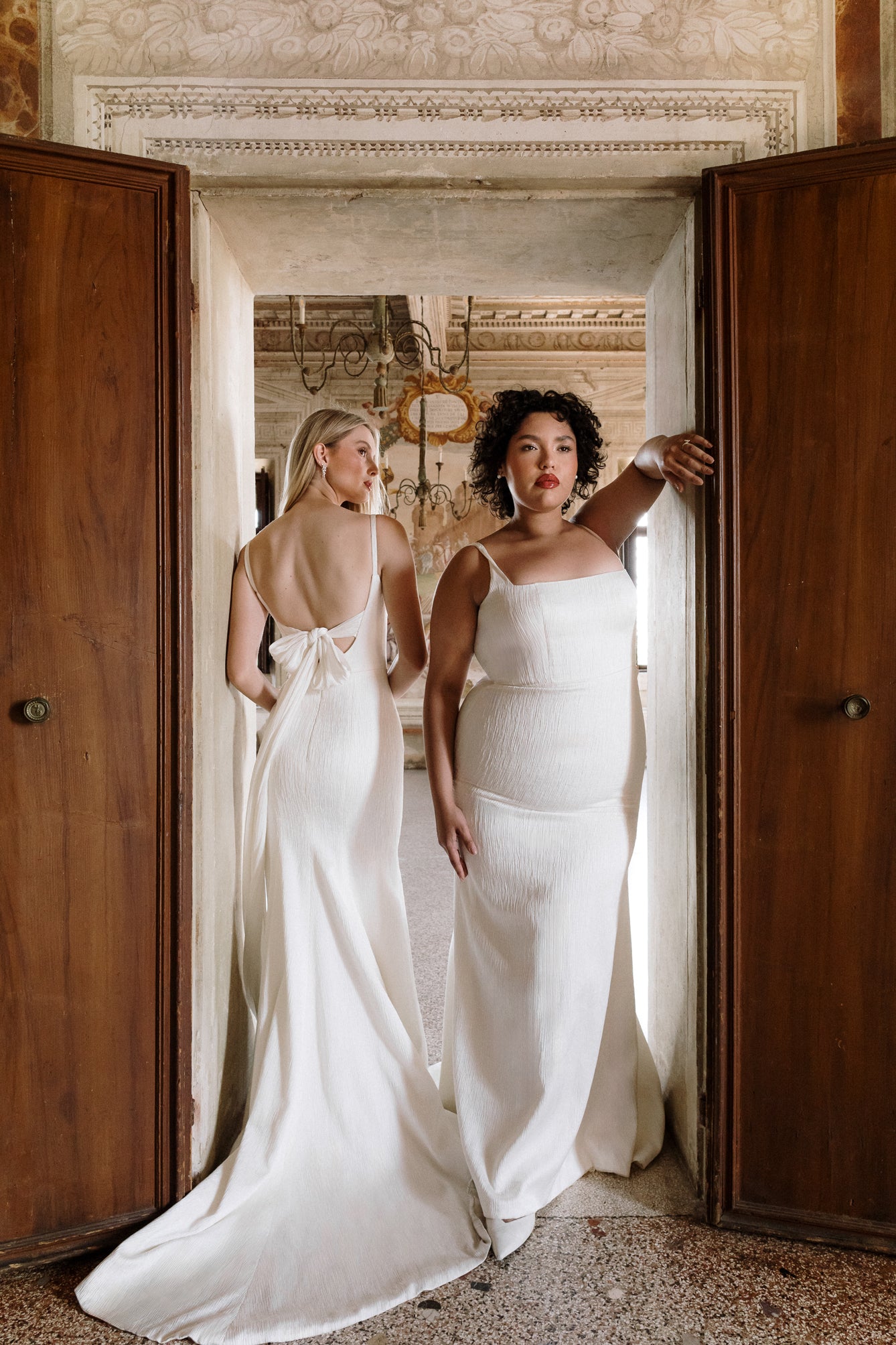 Daphne : A sleek fitted wedding gown with a square neck + tie back detail