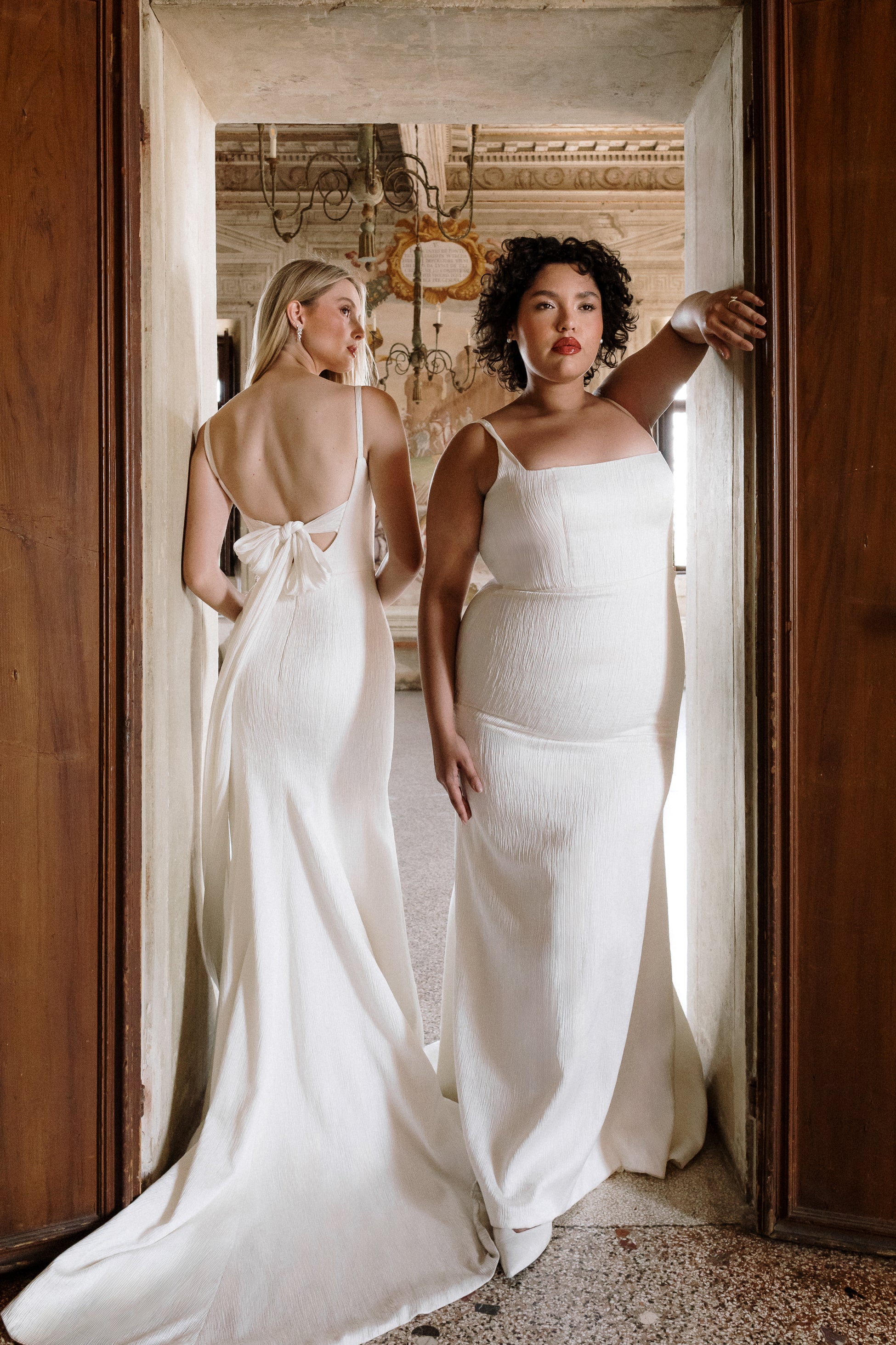 Daphne : A sleek fitted wedding gown with a square neck + tie back detail