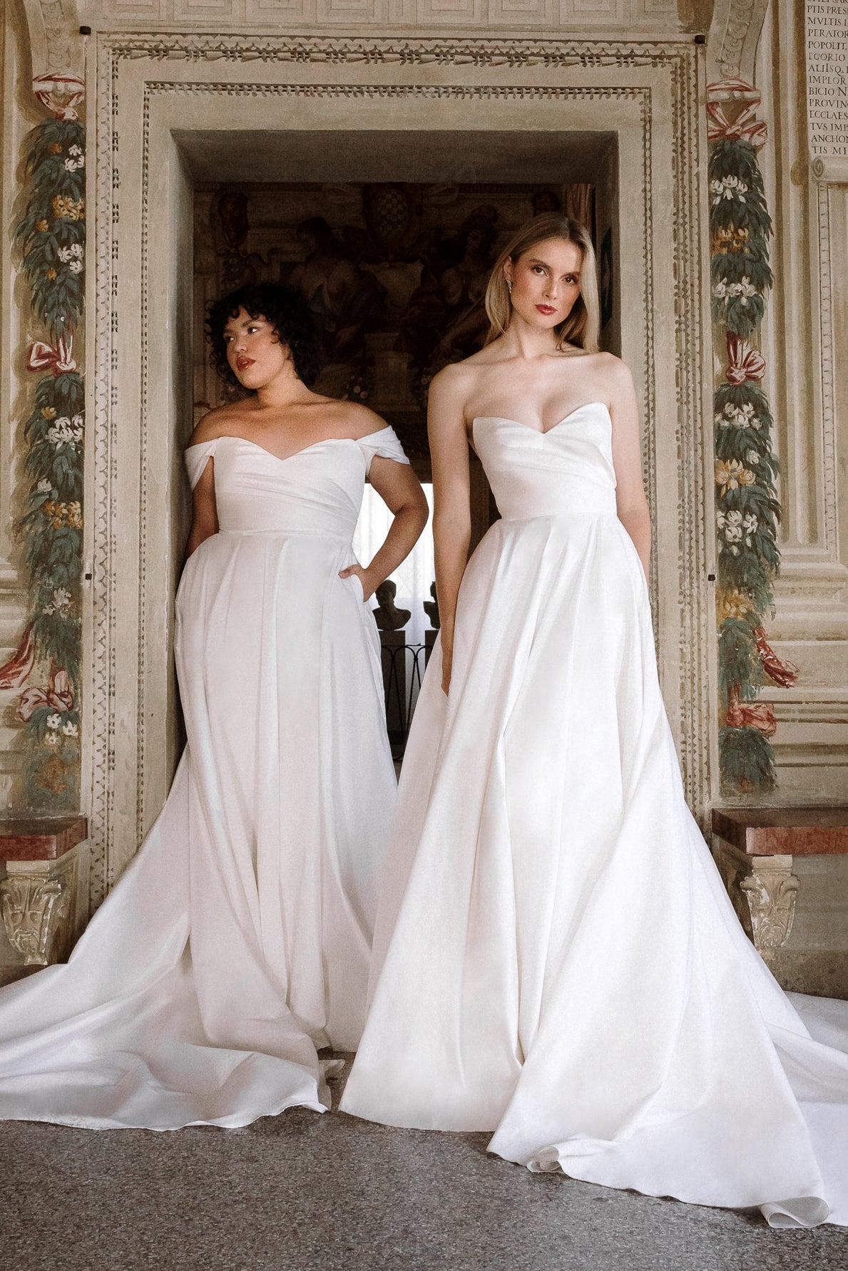Penelope : A regal taffeta wedding dress with a draped sweetheart neckline + detachable off-shoulder swag sleeves