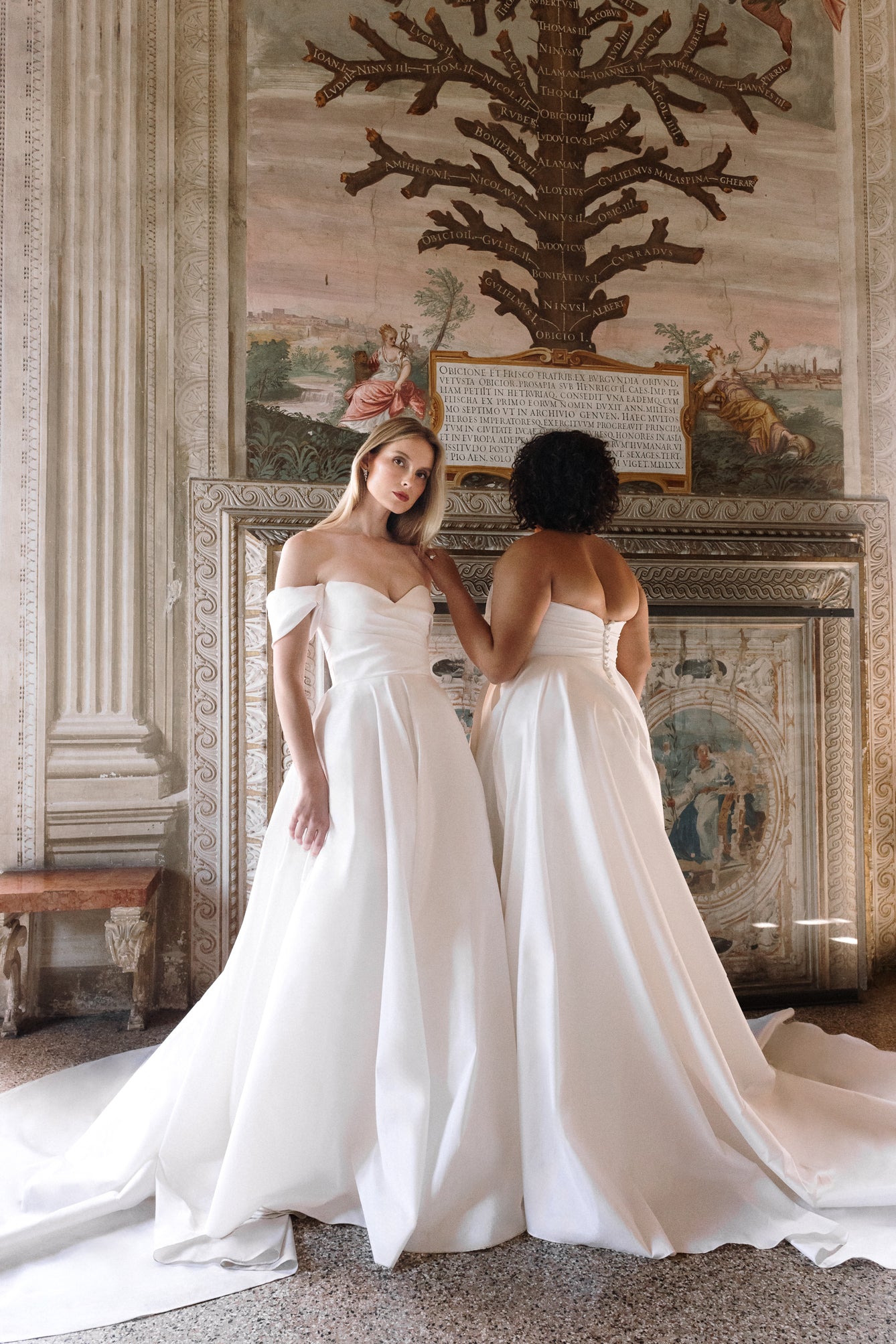 Penelope : A regal taffeta wedding dress with a draped sweetheart neckline + detachable off-shoulder swag sleeves
