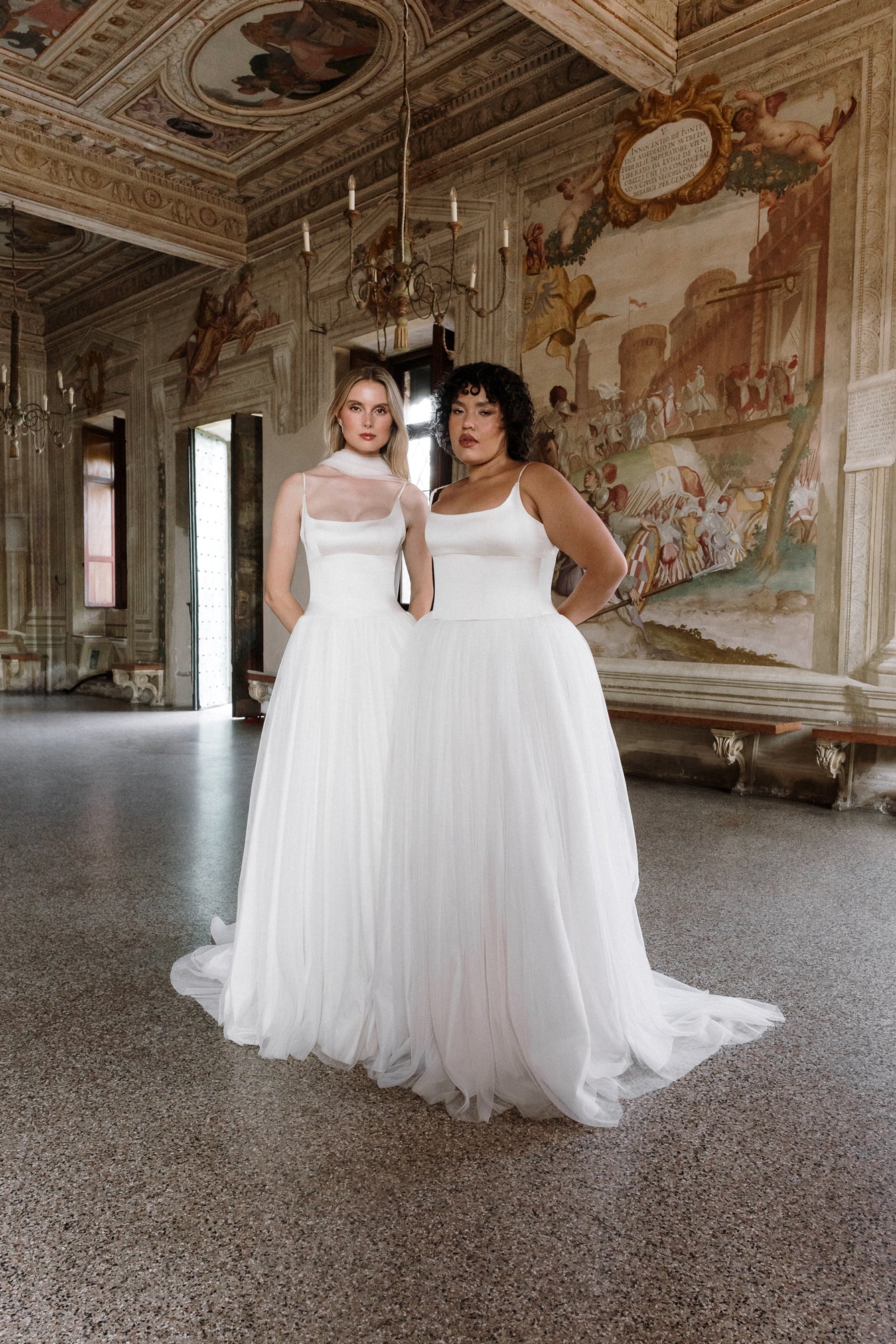 Clio : A drop-waist wedding dress with a squared scoop neck bodice + a crimped tulle skirt