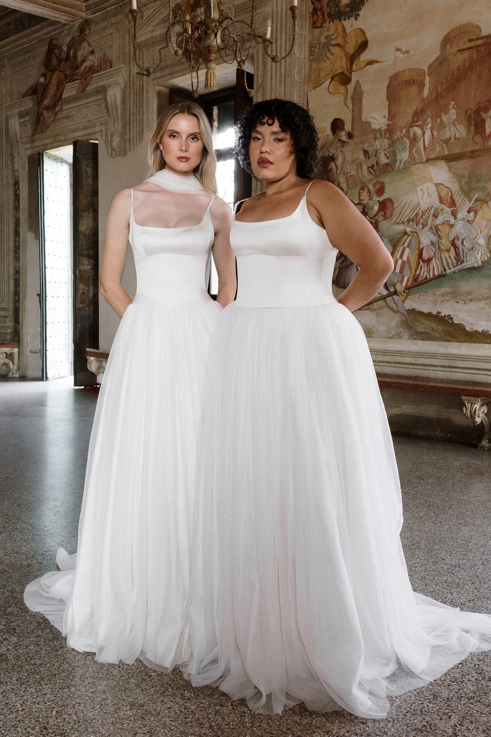 Clio : A drop-waist wedding dress with a squared scoop neck bodice + a crimped tulle skirt