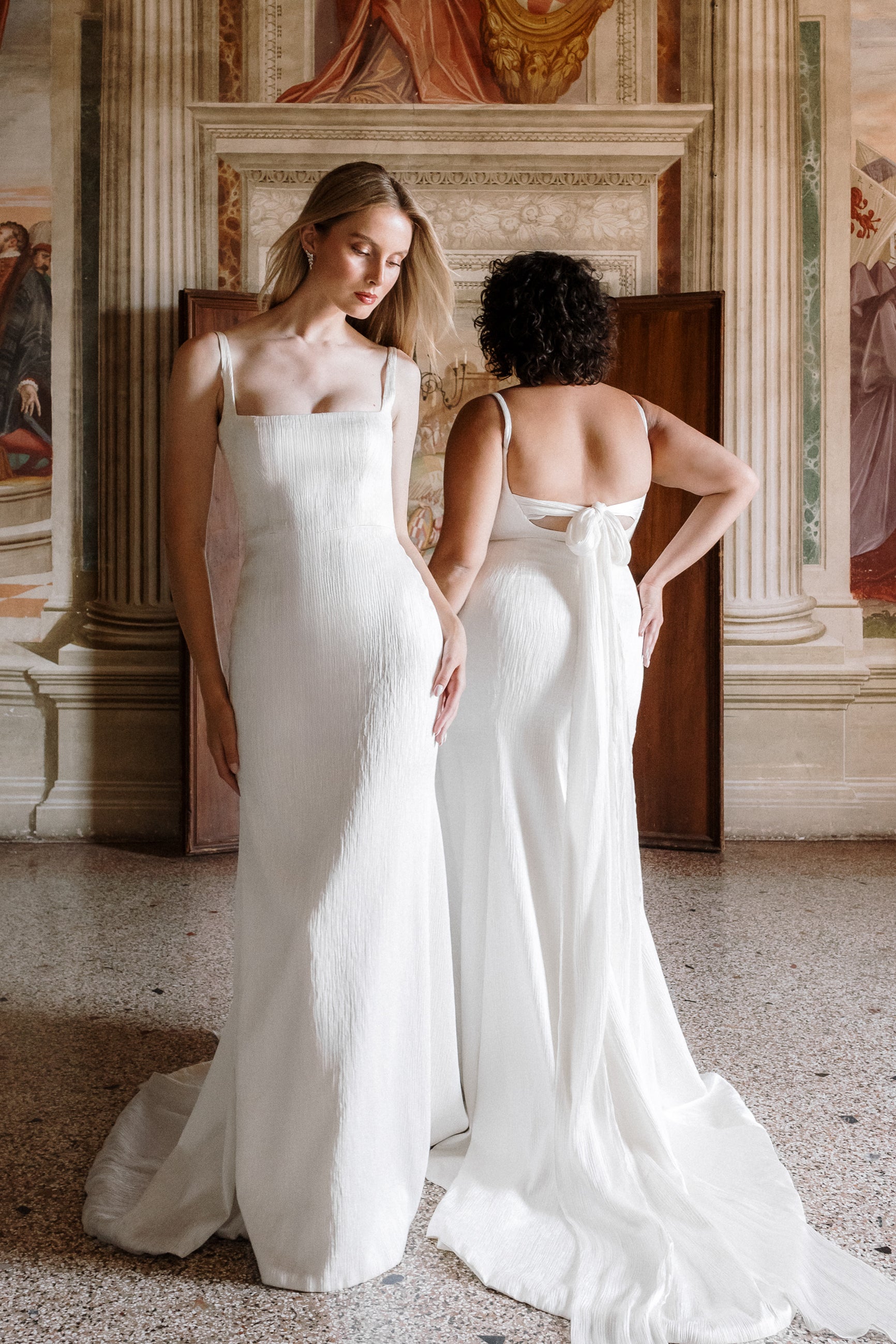 Daphne : A sleek fitted wedding gown with a square neck + tie back detail