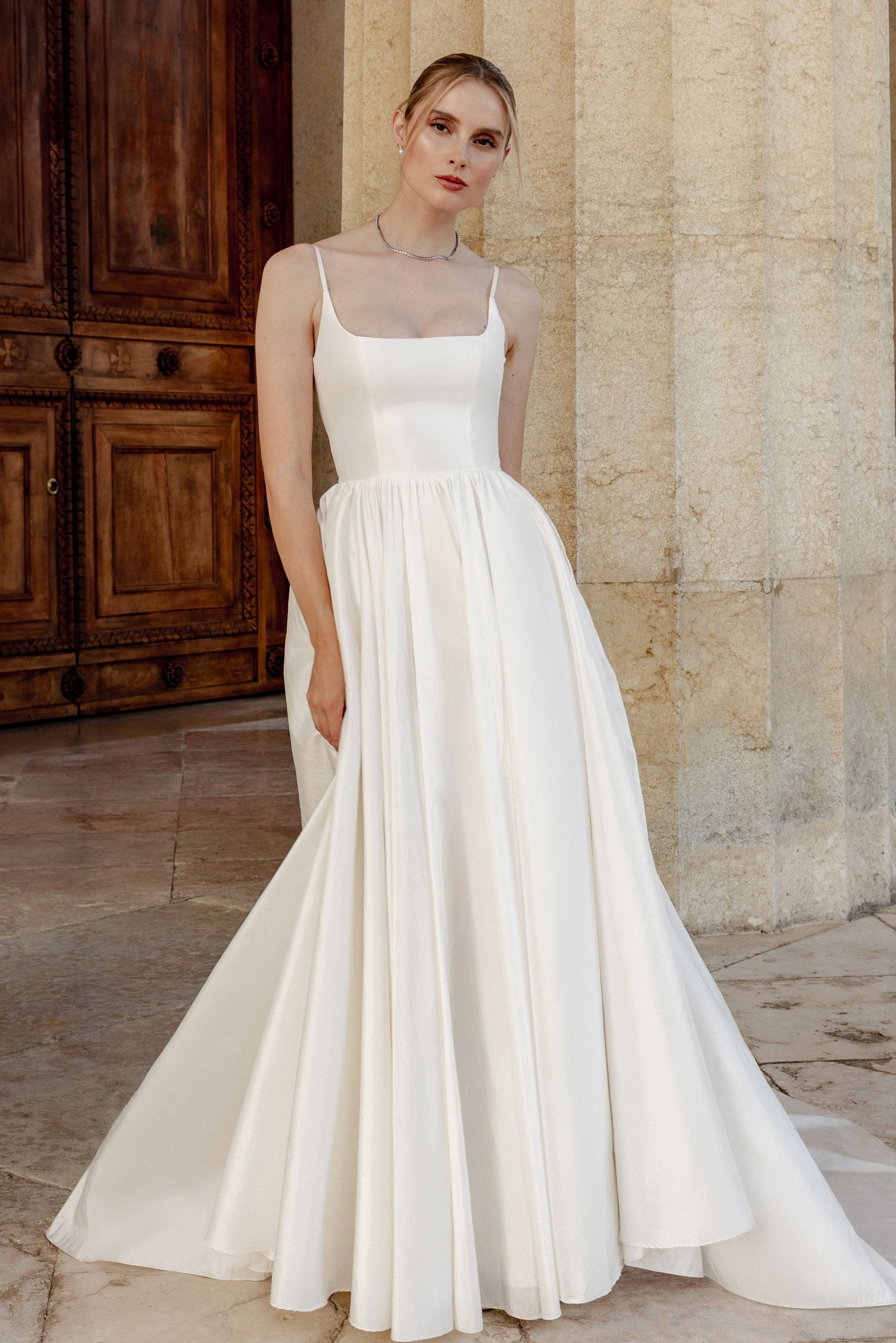 Amelie : A modern wedding dress with a square neckline and gathered a-line skirt